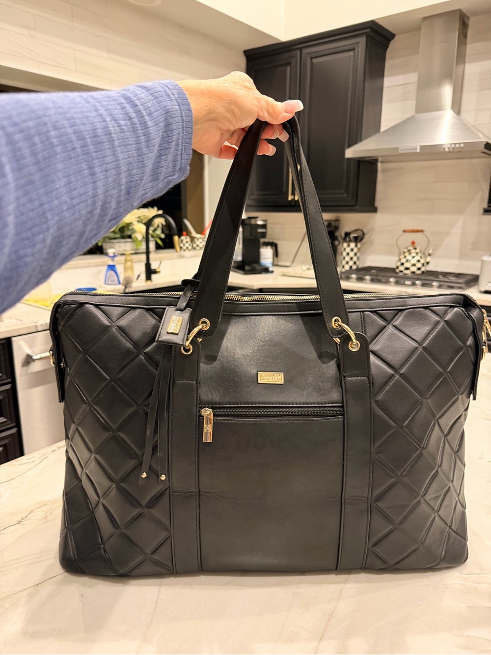 Badgley Mischka Quilted Black Tote Bag with Gold Accents